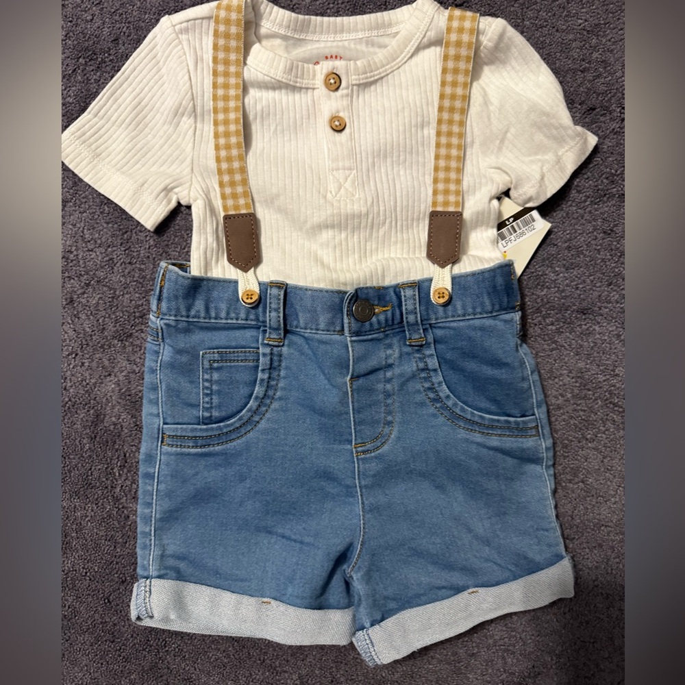 Infant Baby 3 Piece Set Ribbed Bodysuit Denim Shorts & Removable Suspenders